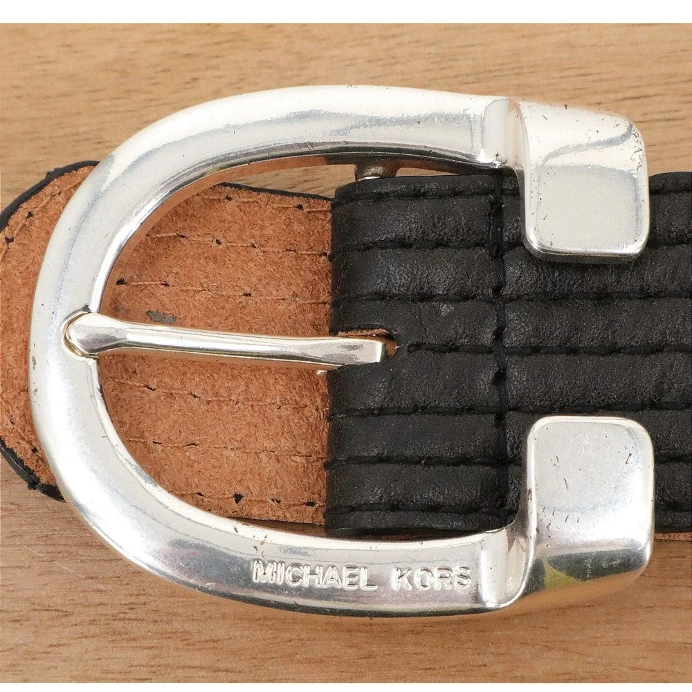 Michael Kors Black Leather Silver Horseshoe Buckle Belt Womens Large L